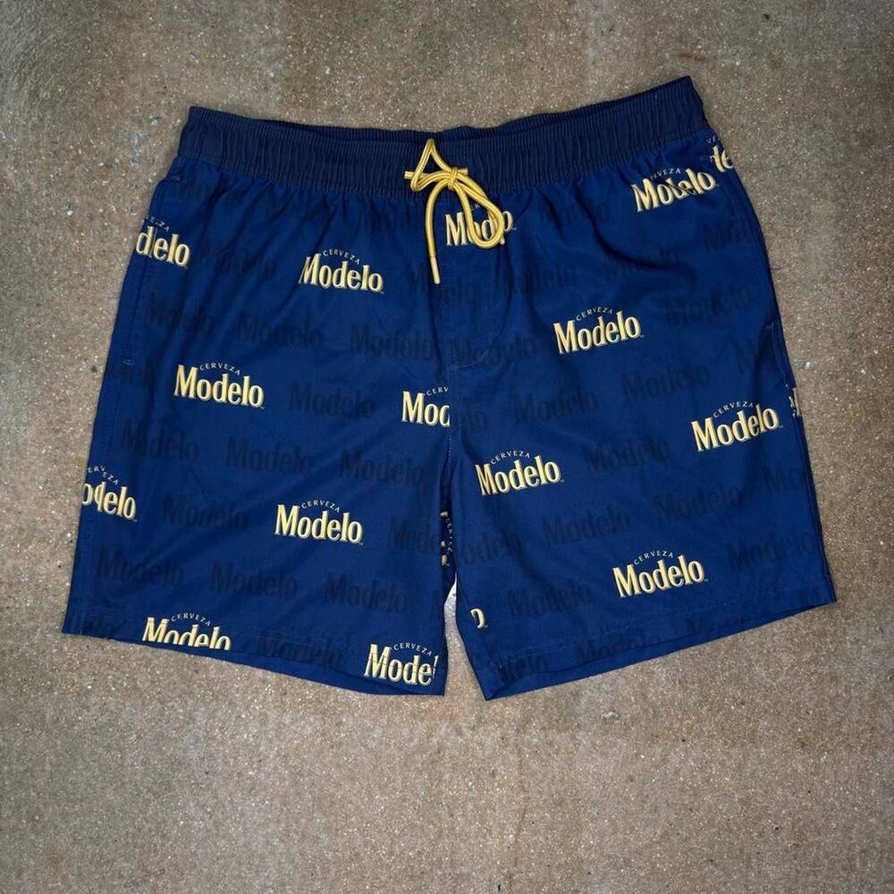 Modelo Beer Swim Trunks Mens Large Navy Blue Gold Logo Shorts 36-38